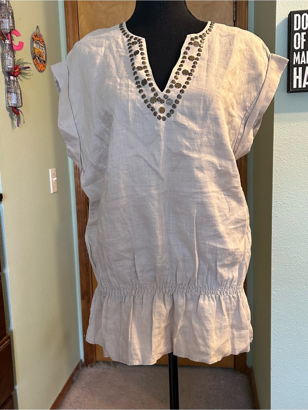 Sunny Leigh tan linen v-neck tunic drop waist peplum size L coastal boho casual